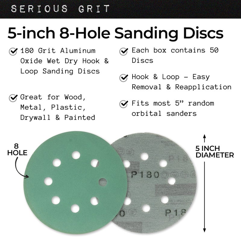 Serious Grit Sanding Discs 5 Inch 8 Hole 180 Grit - Heavy-Duty Hook & Loop Wet Dry Film Sandpaper Discs - Very Fine Sand Paper for Random Orbital Sanders - Wood, Automotive, Metal, etc - 50 Pack Box - Image 2